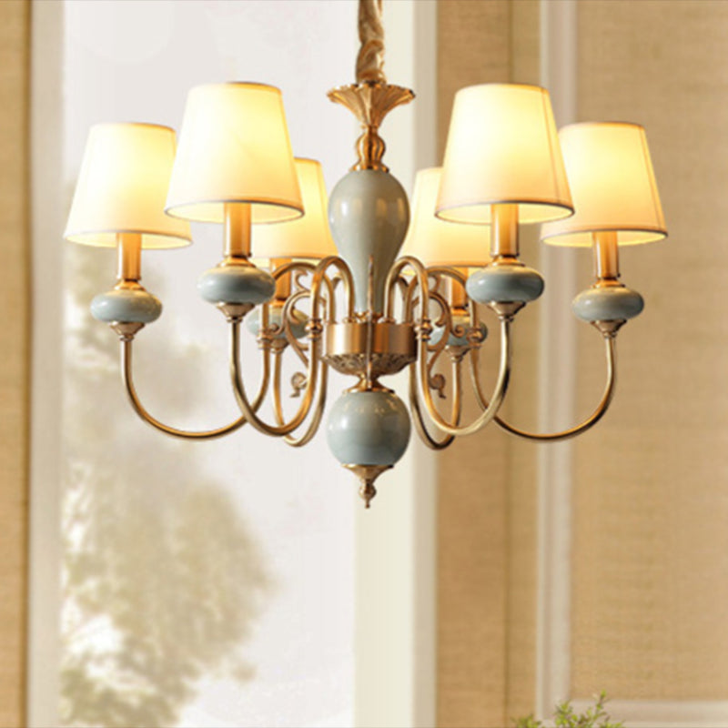 6 Heads Fabric Chandelier Country Gold Conical Dining Room Suspension Light with Ceramic Accent Gold B Clearhalo 'Ceiling Lights' 'Chandeliers' Lighting' options 1983073_7f5f2880-4e02-4513-99c9-9ad573acad0d