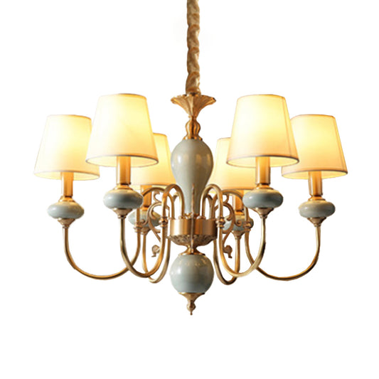 6 Heads Fabric Chandelier Country Gold Conical Dining Room Suspension Light with Ceramic Accent Clearhalo 'Ceiling Lights' 'Chandeliers' Lighting' options 1983074