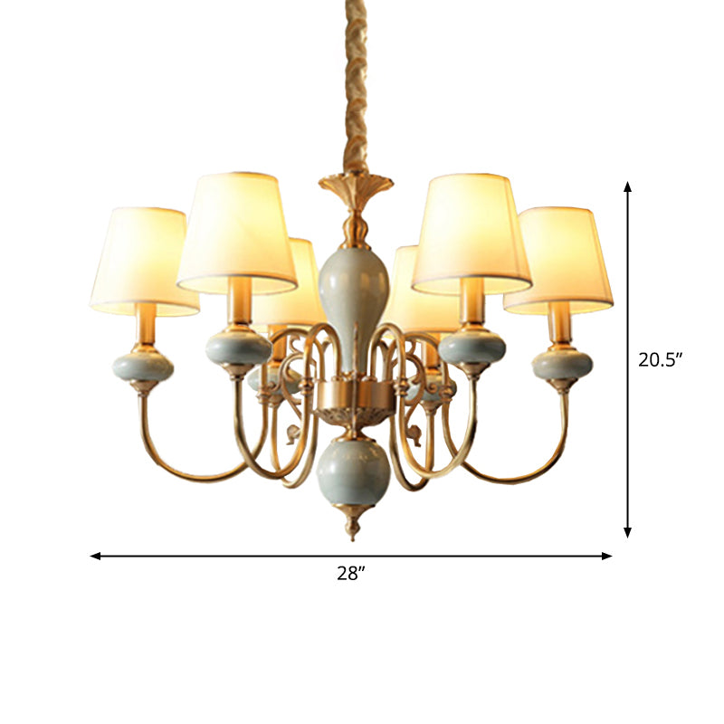 6 Heads Fabric Chandelier Country Gold Conical Dining Room Suspension Light with Ceramic Accent Clearhalo 'Ceiling Lights' 'Chandeliers' Lighting' options 1983075