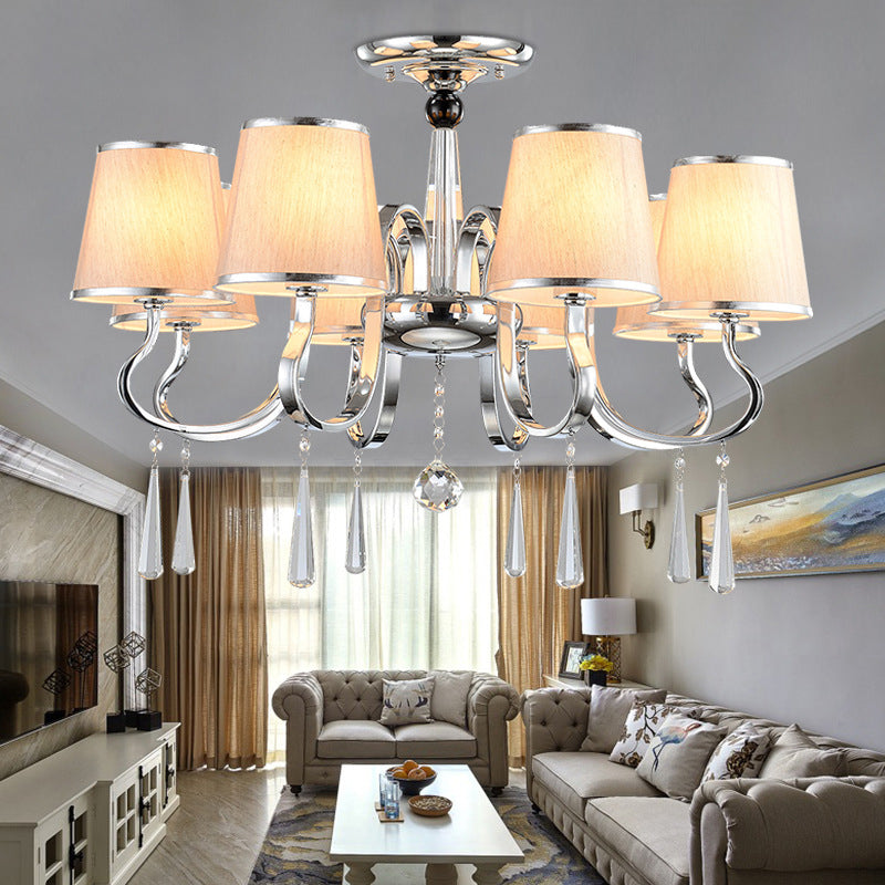 White Tapered Chandelier Light Contemporary Fabric 4/6/8-Bulb Living Room Pendant Lighting with Crystal Drop Clearhalo 'Ceiling Lights' 'Chandeliers' Lighting' options 1983086