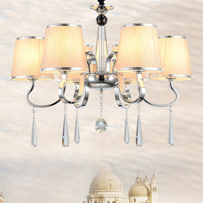 White Tapered Chandelier Light Contemporary Fabric 4/6/8-Bulb Living Room Pendant Lighting with Crystal Drop Clearhalo 'Ceiling Lights' 'Chandeliers' Lighting' options 1983091