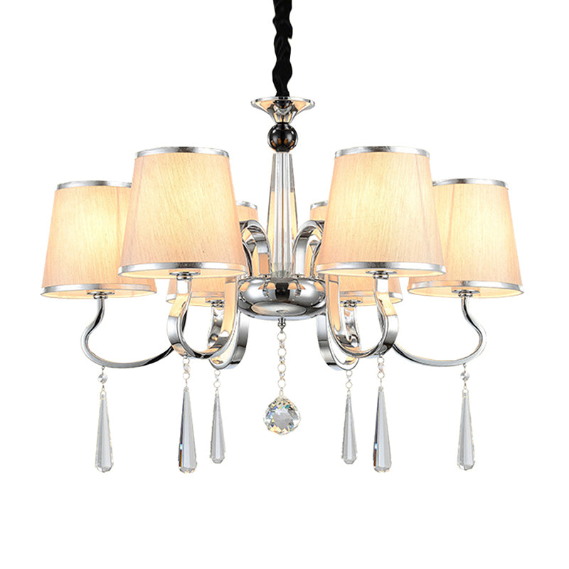 White Tapered Chandelier Light Contemporary Fabric 4/6/8-Bulb Living Room Pendant Lighting with Crystal Drop Clearhalo 'Ceiling Lights' 'Chandeliers' Lighting' options 1983092