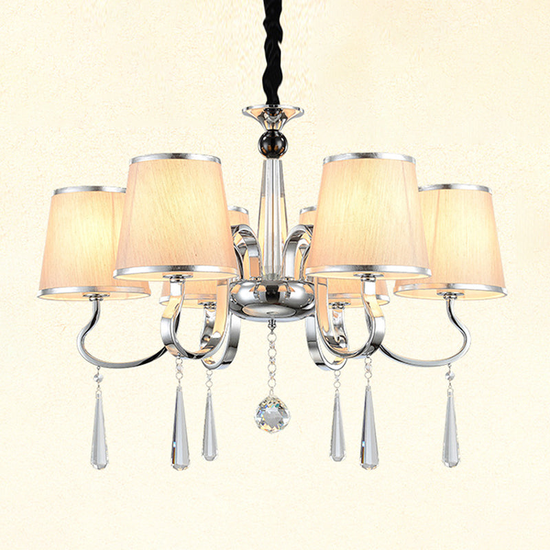 White Tapered Chandelier Light Contemporary Fabric 4/6/8-Bulb Living Room Pendant Lighting with Crystal Drop Clearhalo 'Ceiling Lights' 'Chandeliers' Lighting' options 1983093