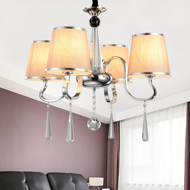 White Tapered Chandelier Light Contemporary Fabric 4/6/8-Bulb Living Room Pendant Lighting with Crystal Drop 4 White Clearhalo 'Ceiling Lights' 'Chandeliers' Lighting' options 1983095_87320f6f-c60f-47e6-a322-bb144479c195