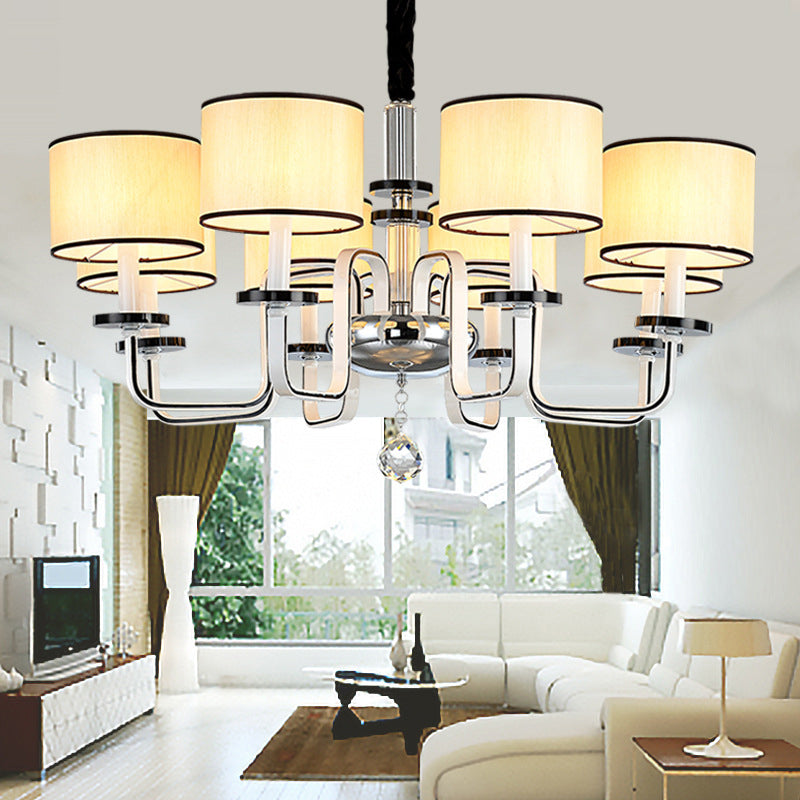 4/6/8 Heads Ceiling Chandelier Modern Living Room Suspension Pendant with Round Fabric Shade in White Clearhalo 'Ceiling Lights' 'Chandeliers' Lighting' options 1983113