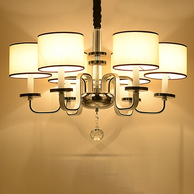 4/6/8 Heads Ceiling Chandelier Modern Living Room Suspension Pendant with Round Fabric Shade in White Clearhalo 'Ceiling Lights' 'Chandeliers' Lighting' options 1983118