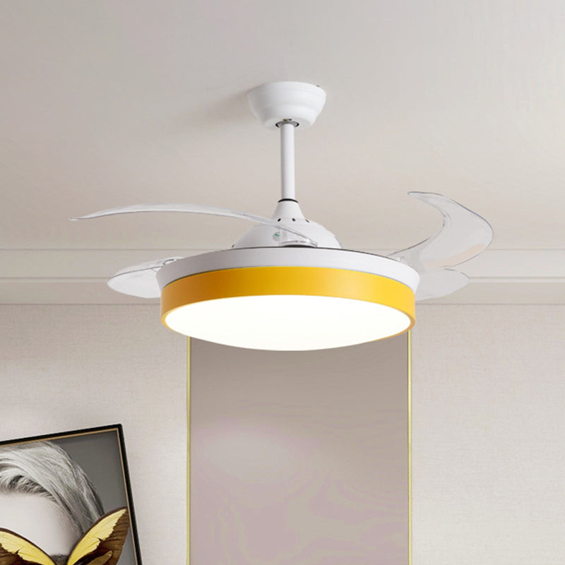 4-Blade Nordic Drum LED Semi Flush Ceiling Light Acrylic Living Room Hanging Fan Lamp, 20" Wide Yellow Clearhalo 'Ceiling Fans with Lights' 'Ceiling Fans' 'Modern Ceiling Fans' 'Modern' Lighting' 1983150