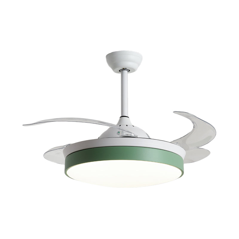 4-Blade Nordic Drum LED Semi Flush Ceiling Light Acrylic Living Room Hanging Fan Lamp, 20" Wide Green Clearhalo 'Ceiling Fans with Lights' 'Ceiling Fans' 'Modern Ceiling Fans' 'Modern' Lighting' 1983159