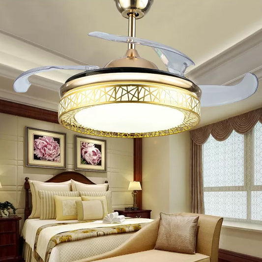 Nest-Shaped Living Room Ceiling Fan Light Metal 19" Wide LED Simplicity Semi Flush Mount, 4 Blades Gold Clearhalo 'Ceiling Fans with Lights' 'Ceiling Fans' 'Modern Ceiling Fans' 'Modern' Lighting' 1983293