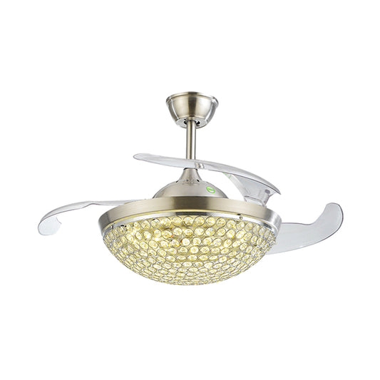 Modernism 19" Wide LED Semi Flush Ceiling Light Silver Bowl 4 Blades Pendant Fan Lamp Fixture with Crystal Embedded Shade Clearhalo 'Ceiling Fans with Lights' 'Ceiling Fans' 'Modern Ceiling Fans' 'Modern' Lighting' 1983314