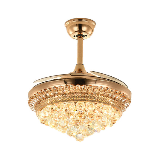 Faceted Crystal Bowl Semi Flush Ceiling Light Modern 19" Wide LED Pendant Fan Lamp, 4 Blades Gold F Clearhalo 'Ceiling Fans with Lights' 'Ceiling Fans' 'Modern Ceiling Fans' 'Modern' Lighting' 1983340