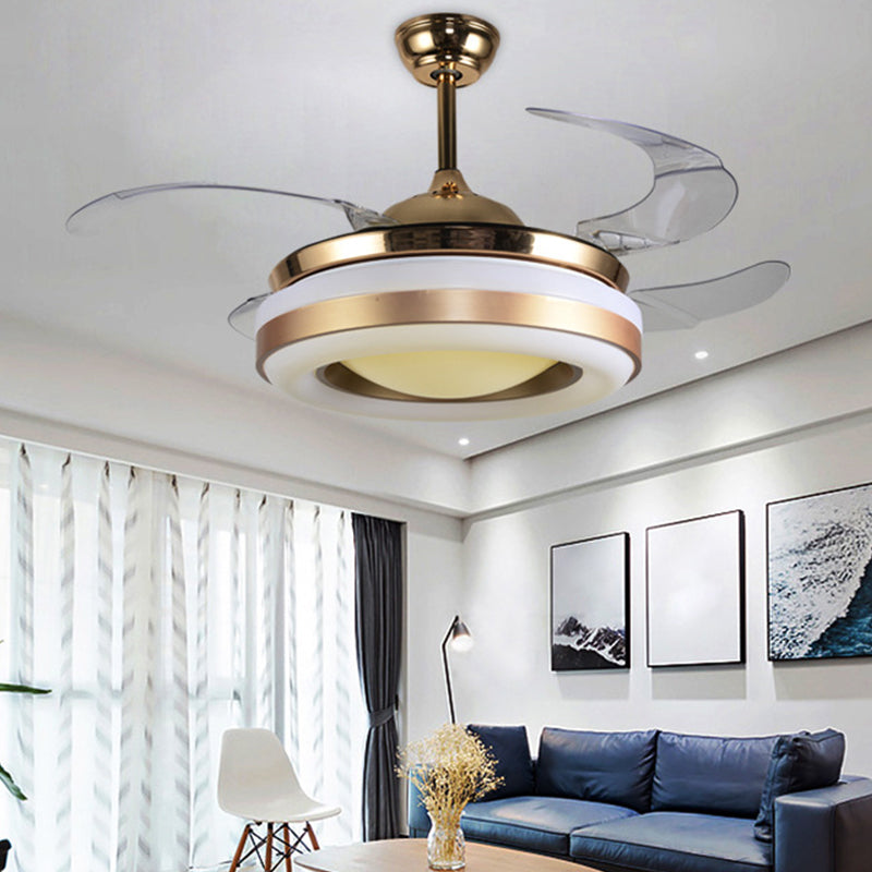 19" Wide Gold Round Hanging Fan Lamp Modernism LED Acrylic Semi-Flush Mount Light, 4 Blades Gold Clearhalo 'Ceiling Fans with Lights' 'Ceiling Fans' 'Modern Ceiling Fans' 'Modern' Lighting' 1983399