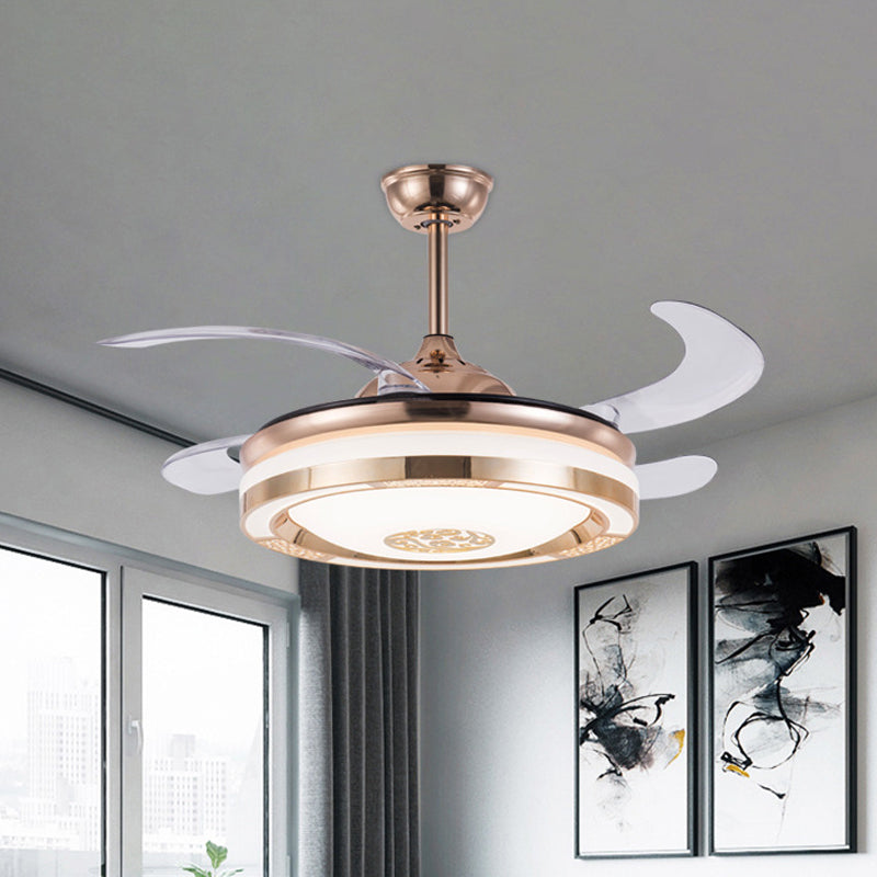 Simplicity LED Semi Flush Gold Circular 4-Blade Ceiling Fan Light Fixture with Acrylic Shade, 19" Wide Gold Clearhalo 'Ceiling Fans with Lights' 'Ceiling Fans' 'Modern Ceiling Fans' 'Modern' Lighting' 1983405