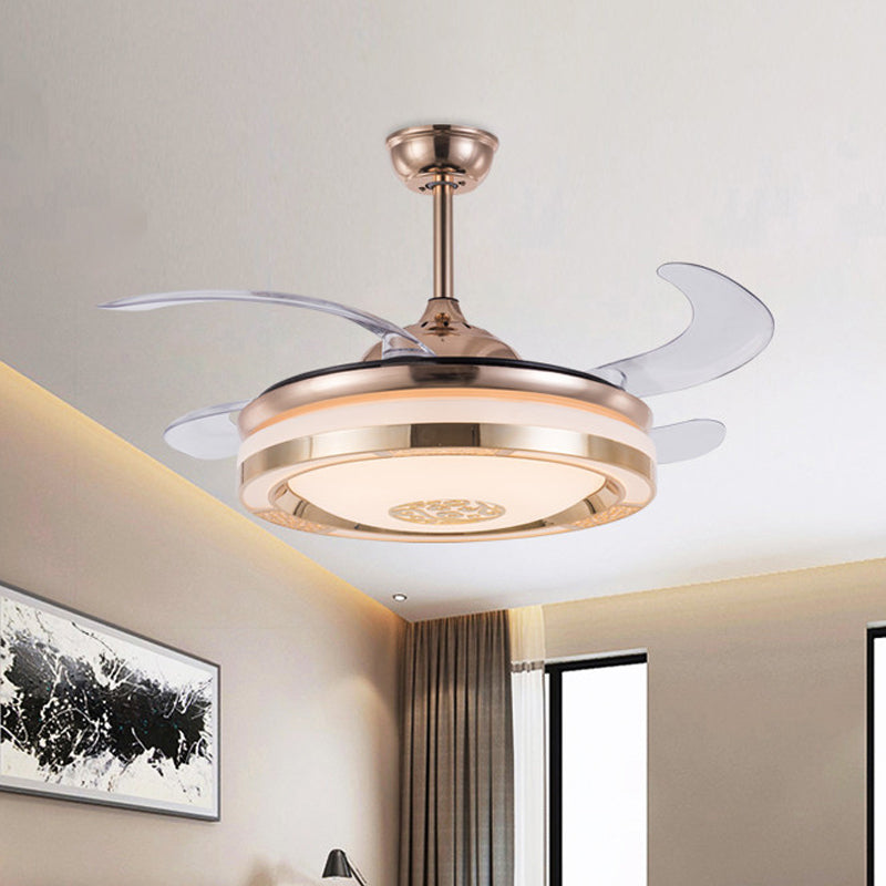 Simplicity LED Semi Flush Gold Circular 4-Blade Ceiling Fan Light Fixture with Acrylic Shade, 19" Wide Clearhalo 'Ceiling Fans with Lights' 'Ceiling Fans' 'Modern Ceiling Fans' 'Modern' Lighting' 1983406