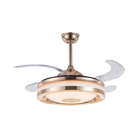 Simplicity LED Semi Flush Gold Circular 4-Blade Ceiling Fan Light Fixture with Acrylic Shade, 19" Wide Clearhalo 'Ceiling Fans with Lights' 'Ceiling Fans' 'Modern Ceiling Fans' 'Modern' Lighting' 1983409