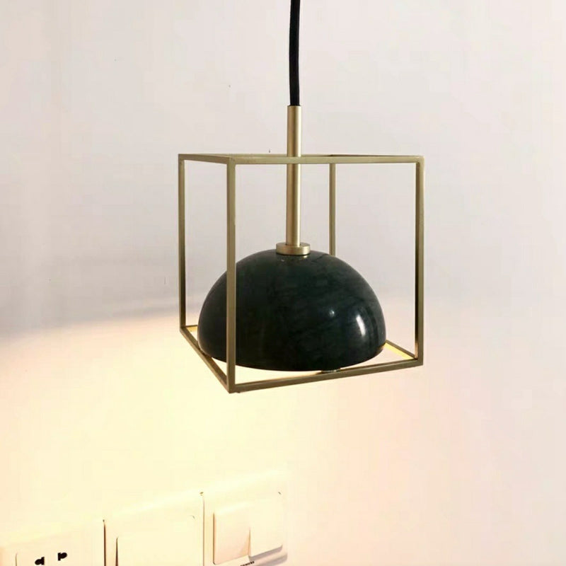 1-Light Marble Ceiling Pendant Nordic Black/White/Green Dome Bedside Down Lighting with Brass Square Frame Green Clearhalo 'Ceiling Lights' 'Modern Pendants' 'Modern' 'Pendant Lights' 'Pendants' Lighting' 1983496