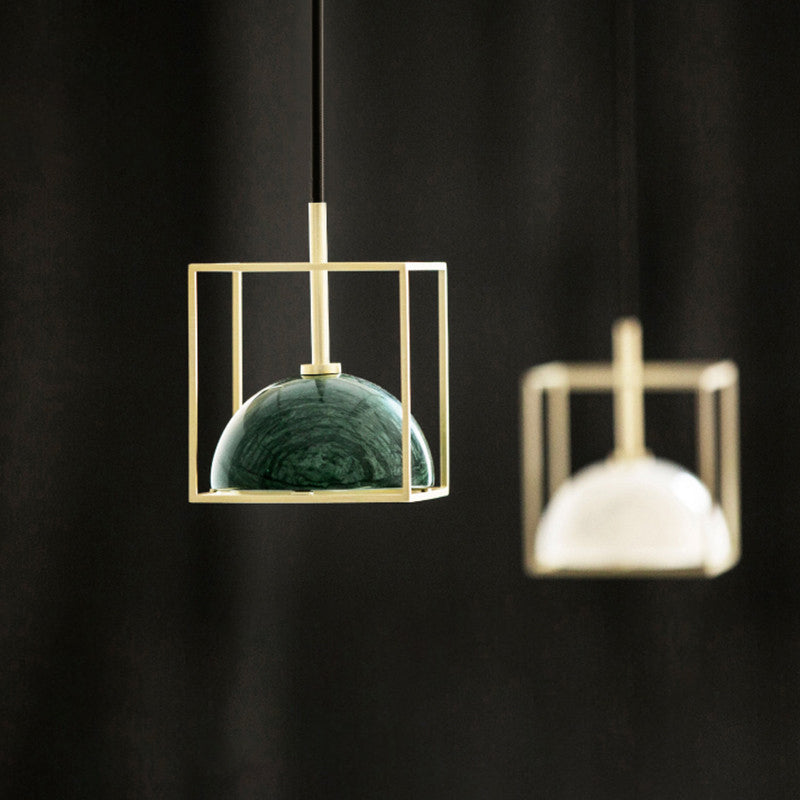 1-Light Marble Ceiling Pendant Nordic Black/White/Green Dome Bedside Down Lighting with Brass Square Frame Clearhalo 'Ceiling Lights' 'Modern Pendants' 'Modern' 'Pendant Lights' 'Pendants' Lighting' 1983497