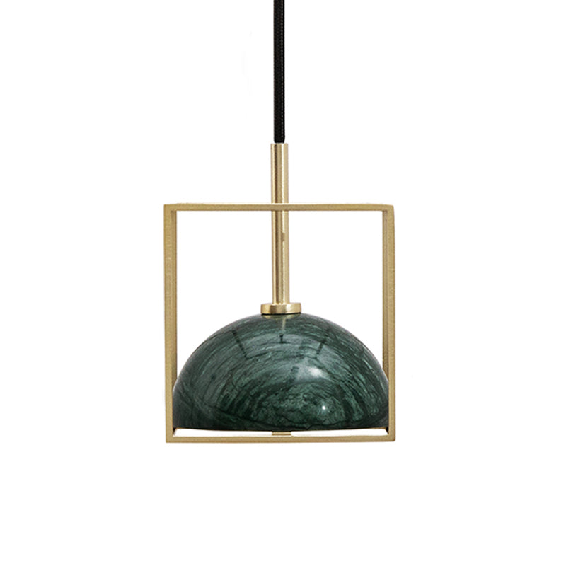 1-Light Marble Ceiling Pendant Nordic Black/White/Green Dome Bedside Down Lighting with Brass Square Frame Clearhalo 'Ceiling Lights' 'Modern Pendants' 'Modern' 'Pendant Lights' 'Pendants' Lighting' 1983499