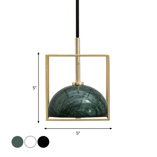 1-Light Marble Ceiling Pendant Nordic Black/White/Green Dome Bedside Down Lighting with Brass Square Frame Clearhalo 'Ceiling Lights' 'Modern Pendants' 'Modern' 'Pendant Lights' 'Pendants' Lighting' 1983500