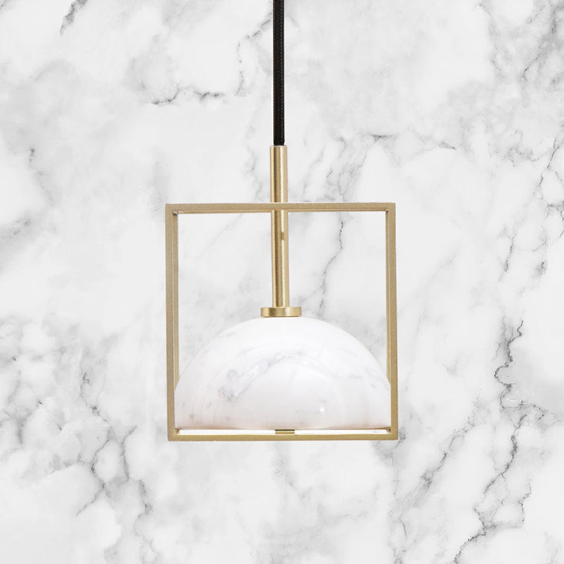 1-Light Marble Ceiling Pendant Nordic Black/White/Green Dome Bedside Down Lighting with Brass Square Frame Clearhalo 'Ceiling Lights' 'Modern Pendants' 'Modern' 'Pendant Lights' 'Pendants' Lighting' 1983502