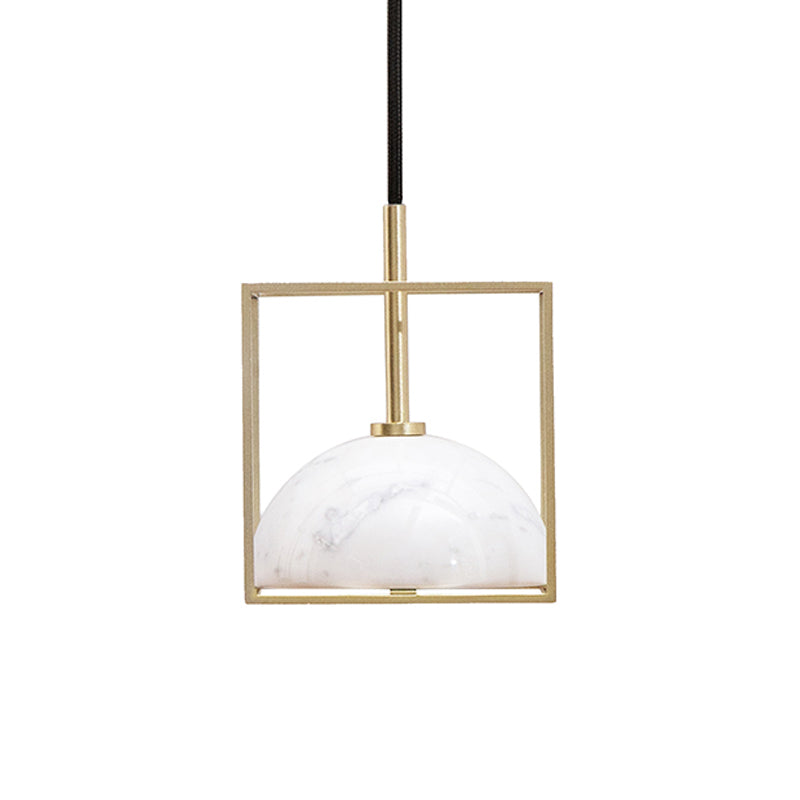 1-Light Marble Ceiling Pendant Nordic Black/White/Green Dome Bedside Down Lighting with Brass Square Frame Clearhalo 'Ceiling Lights' 'Modern Pendants' 'Modern' 'Pendant Lights' 'Pendants' Lighting' 1983504