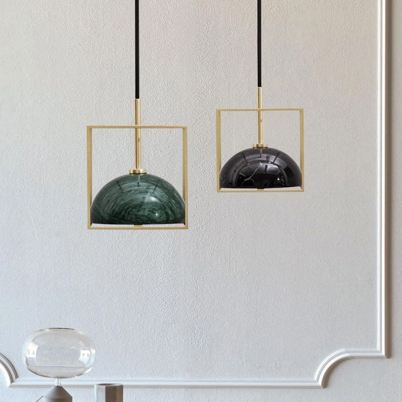 1-Light Marble Ceiling Pendant Nordic Black/White/Green Dome Bedside Down Lighting with Brass Square Frame Black Clearhalo 'Ceiling Lights' 'Modern Pendants' 'Modern' 'Pendant Lights' 'Pendants' Lighting' 1983505