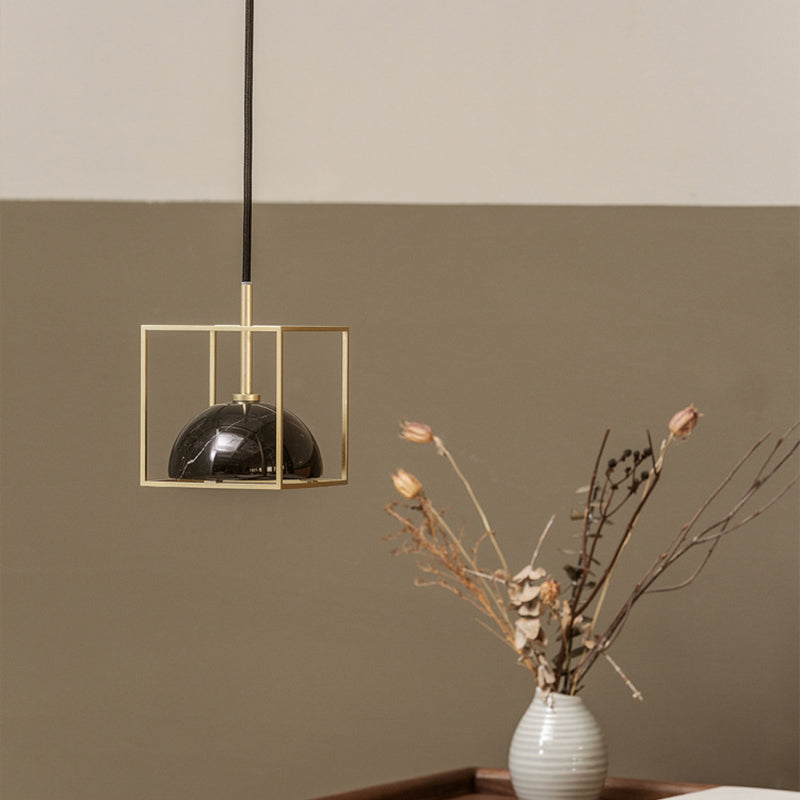 1-Light Marble Ceiling Pendant Nordic Black/White/Green Dome Bedside Down Lighting with Brass Square Frame Clearhalo 'Ceiling Lights' 'Modern Pendants' 'Modern' 'Pendant Lights' 'Pendants' Lighting' 1983506