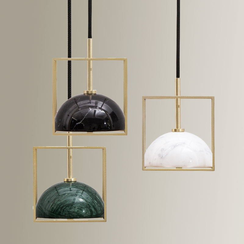 1-Light Marble Ceiling Pendant Nordic Black/White/Green Dome Bedside Down Lighting with Brass Square Frame Clearhalo 'Ceiling Lights' 'Modern Pendants' 'Modern' 'Pendant Lights' 'Pendants' Lighting' 1983507