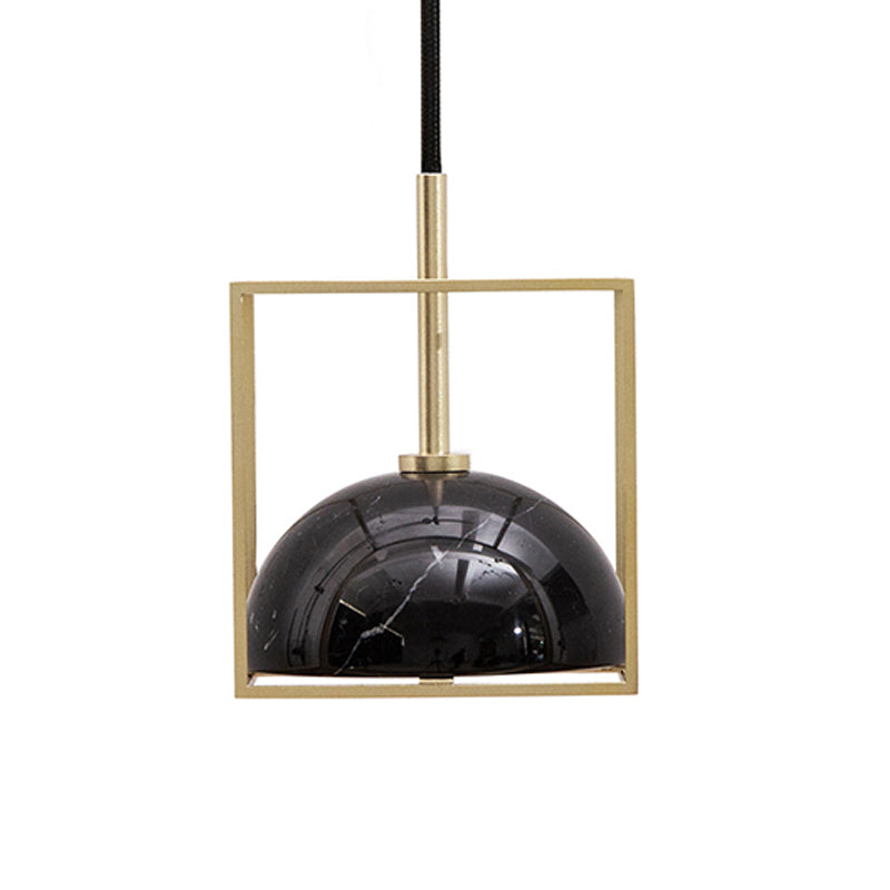 1-Light Marble Ceiling Pendant Nordic Black/White/Green Dome Bedside Down Lighting with Brass Square Frame Clearhalo 'Ceiling Lights' 'Modern Pendants' 'Modern' 'Pendant Lights' 'Pendants' Lighting' 1983508