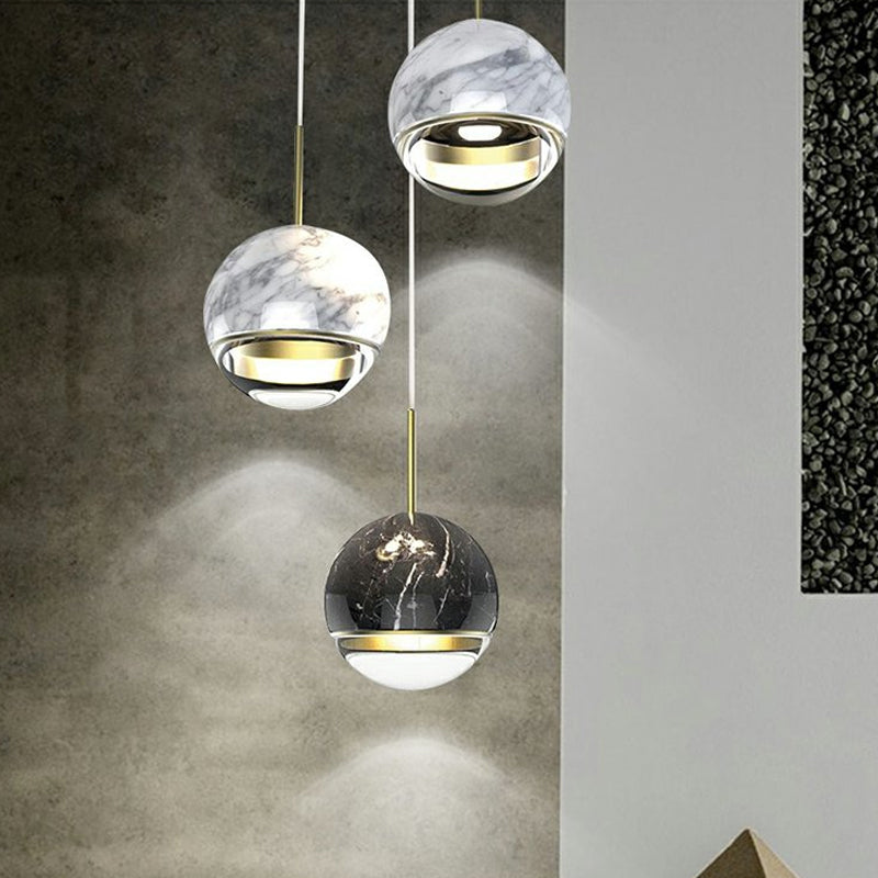 Globe/Cone Marble LED Pendant Light Kit Designer Black/White/Green Hanging Lamp Fixture for Living Room Black A Clearhalo 'Ceiling Lights' 'Modern Pendants' 'Modern' 'Pendant Lights' 'Pendants' Lighting' 1983517