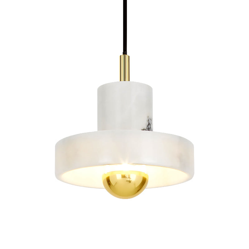 Minimalist Pot-Lid Pendulum Light Marble 1-Bulb Dining Room Suspension Pendant in White and Brass Clearhalo 'Ceiling Lights' 'Modern Pendants' 'Modern' 'Pendant Lights' 'Pendants' Lighting' 1983532