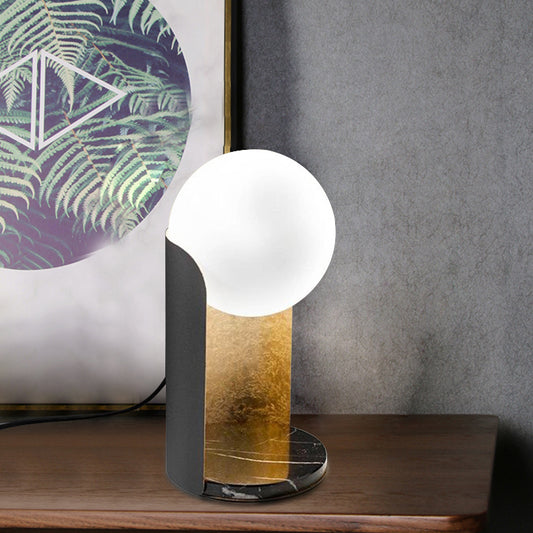Designer Ball Shade Night Light White Glass 1 Bulb Bedroom Table Lamp with Curved Stand in Black and Gold Inner Gold Clearhalo 'Lamps' 'Table Lamps' Lighting' 1983800