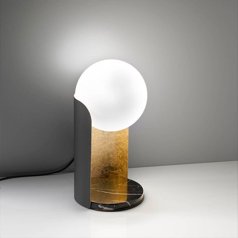 Designer Ball Shade Night Light White Glass 1 Bulb Bedroom Table Lamp with Curved Stand in Black and Gold Inner Clearhalo 'Lamps' 'Table Lamps' Lighting' 1983801