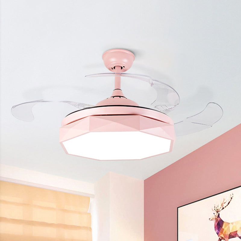 Prismy Living Room Ceiling Fan Light Metallic 15.5" Wide LED Nordic Semi Flush Mount, 4 Blades Pink Clearhalo 'Ceiling Fans with Lights' 'Ceiling Fans' 'Modern Ceiling Fans' 'Modern' Lighting' 1983838