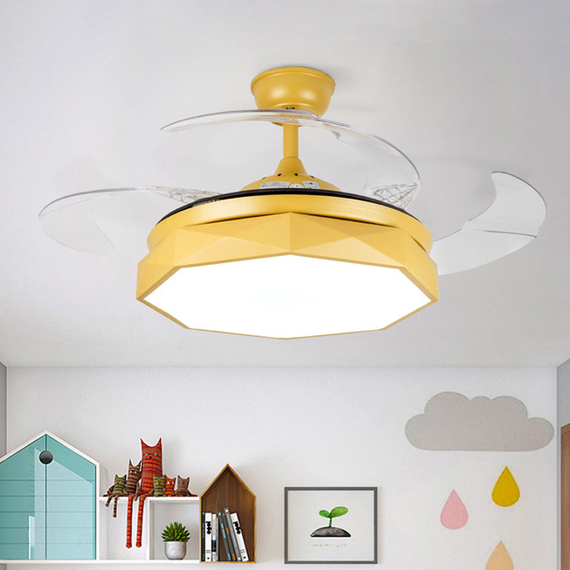 Prismy Living Room Ceiling Fan Light Metallic 15.5" Wide LED Nordic Semi Flush Mount, 4 Blades Yellow Clearhalo 'Ceiling Fans with Lights' 'Ceiling Fans' 'Modern Ceiling Fans' 'Modern' Lighting' 1983850