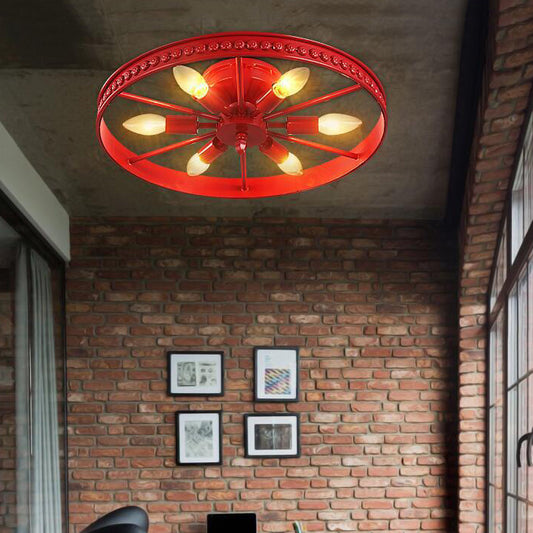 Black/Bronze 6 Heads Semi Flush Ceiling Light Farmhouse Stylish Metallic Wheel Shade Ceiling Lamp for Living Room Red Clearhalo 'Ceiling Lights' 'Close To Ceiling Lights' 'Close to ceiling' 'Flush mount' 'Industrial Flush Mount' Lighting' 19838