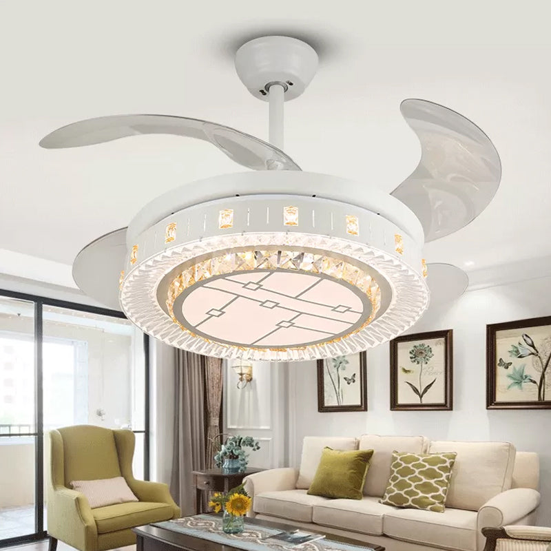 19" Wide White Layered Ceiling Fan Light Modernist LED Crystal Semi Flush Mount, 4 Blades White D Clearhalo 'Ceiling Fans with Lights' 'Ceiling Fans' 'Modern Ceiling Fans' 'Modern' Lighting' 1983956