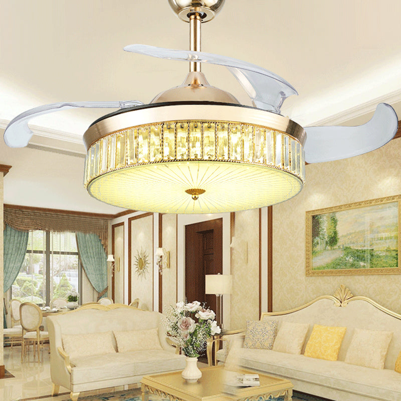 4 Blades Gold Drum Semi Flush Mount Contemporary Crystal Prism LED Ceiling Fan Lamp Fixture, 19" Wide Gold Clearhalo 'Ceiling Fans with Lights' 'Ceiling Fans' 'Modern Ceiling Fans' 'Modern' Lighting' 1984173