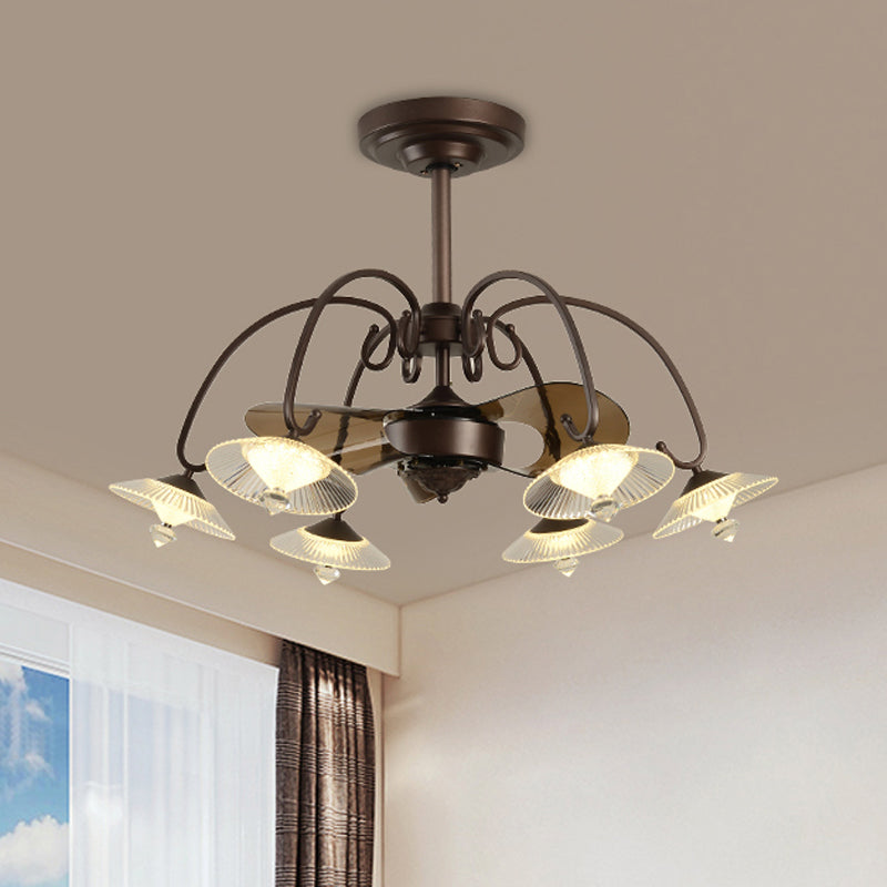 3-Blade Metal Geometry Semi Flush Mount Modernism 26" Wide LED Brown Ceiling Fan Light Fixture Brown A Clearhalo 'Ceiling Fans with Lights' 'Ceiling Fans' 'Modern Ceiling Fans' 'Modern' Lighting' 1984405