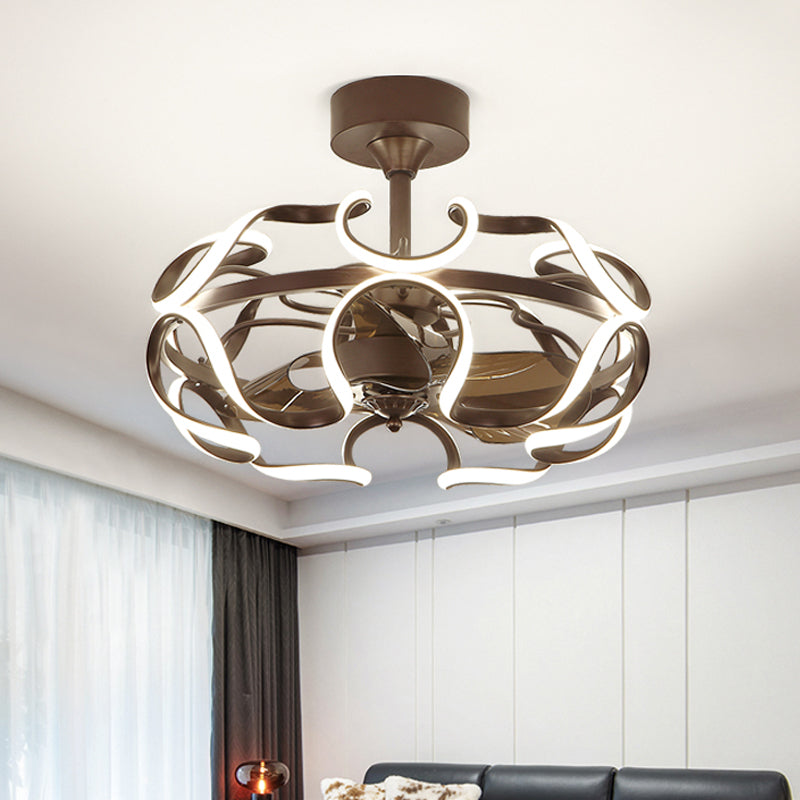 3-Blade Metal Geometry Semi Flush Mount Modernism 26" Wide LED Brown Ceiling Fan Light Fixture Clearhalo 'Ceiling Fans with Lights' 'Ceiling Fans' 'Modern Ceiling Fans' 'Modern' Lighting' 1984422