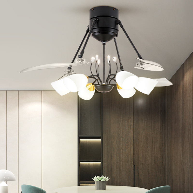 48" Wide Geometric Hanging Fan Light Modernity Metal Black Semi-Flush Mount with 4 Blades Black Flower Clearhalo 'Ceiling Fans with Lights' 'Ceiling Fans' 'Modern Ceiling Fans' 'Modern' Lighting' 1984434