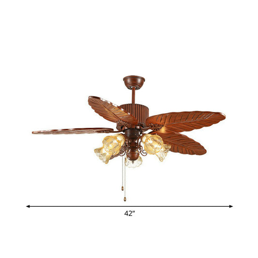 Bell Frosted Glass Pendant Fan Light Simple 5 Blades 5 Lights Brown Semi Flush Mount Lighting with Pull Chain Clearhalo 'Ceiling Fans with Lights' 'Ceiling Fans' Lighting' 1984452