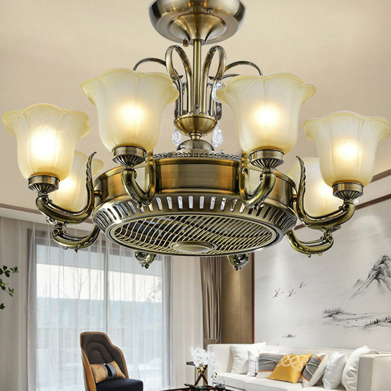 34" Wide Vintage Floral Pendant Fan Lamp Frosted Glass 3-Blade Semi-Flush Ceiling Light in Light Gold 8.0 Light Gold Clearhalo 'Ceiling Fans with Lights' 'Ceiling Fans' Lighting' 1984457