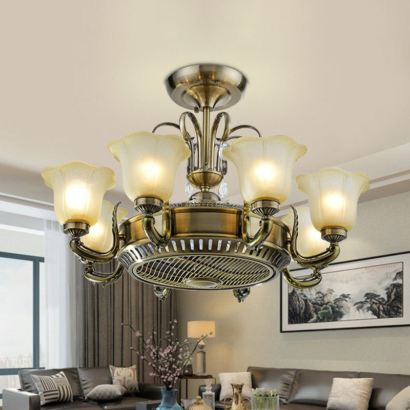 34" Wide Vintage Floral Pendant Fan Lamp Frosted Glass 3-Blade Semi-Flush Ceiling Light in Light Gold Clearhalo 'Ceiling Fans with Lights' 'Ceiling Fans' Lighting' 1984458