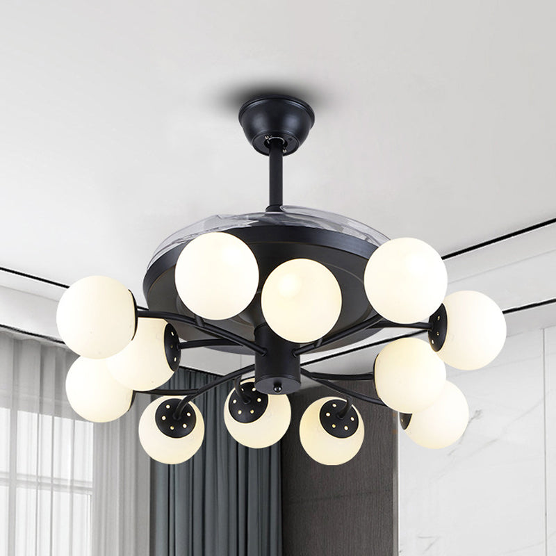 Black Globe Pendant Fan Lamp Contemporary 42" Wide 12 Lights Opal Glass Semi Flush Mount Light Clearhalo 'Ceiling Fans with Lights' 'Ceiling Fans' 'Modern Ceiling Fans' 'Modern' Lighting' 1984479