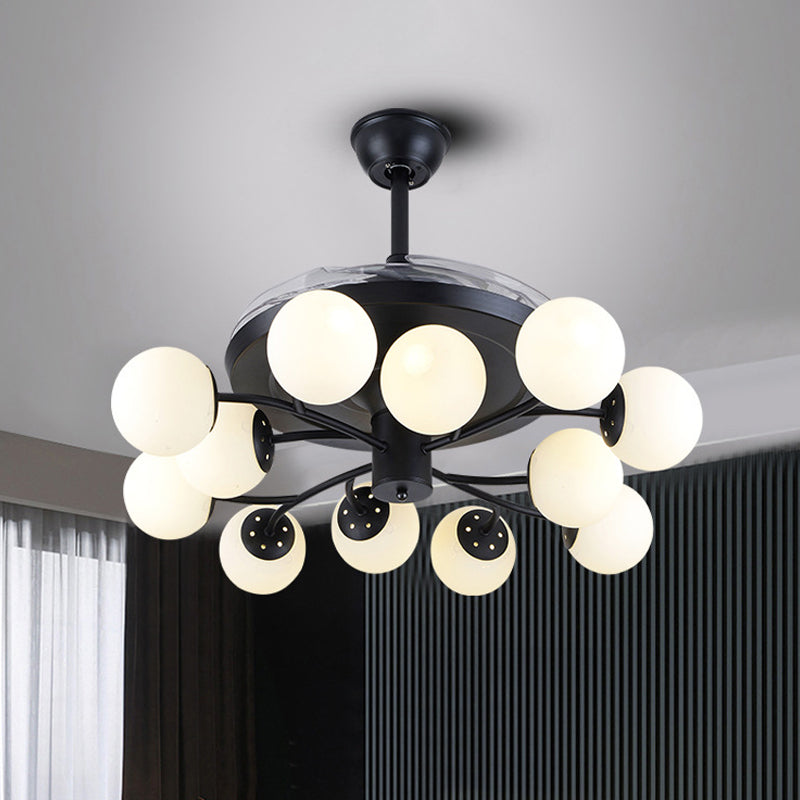 Black Globe Pendant Fan Lamp Contemporary 42" Wide 12 Lights Opal Glass Semi Flush Mount Light Clearhalo 'Ceiling Fans with Lights' 'Ceiling Fans' 'Modern Ceiling Fans' 'Modern' Lighting' 1984480