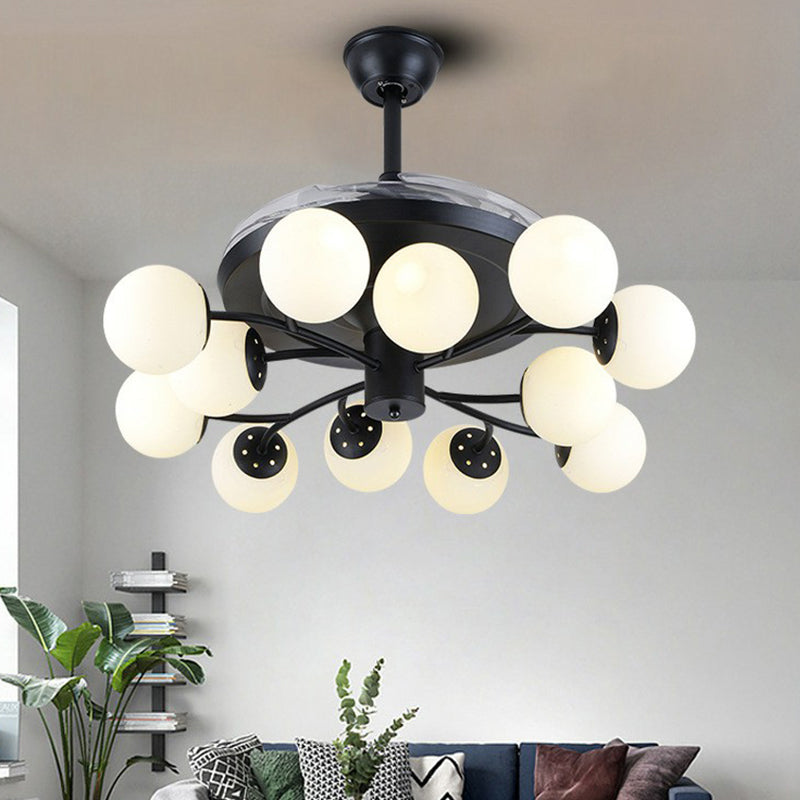 Black Globe Pendant Fan Lamp Contemporary 42" Wide 12 Lights Opal Glass Semi Flush Mount Light Clearhalo 'Ceiling Fans with Lights' 'Ceiling Fans' 'Modern Ceiling Fans' 'Modern' Lighting' 1984481