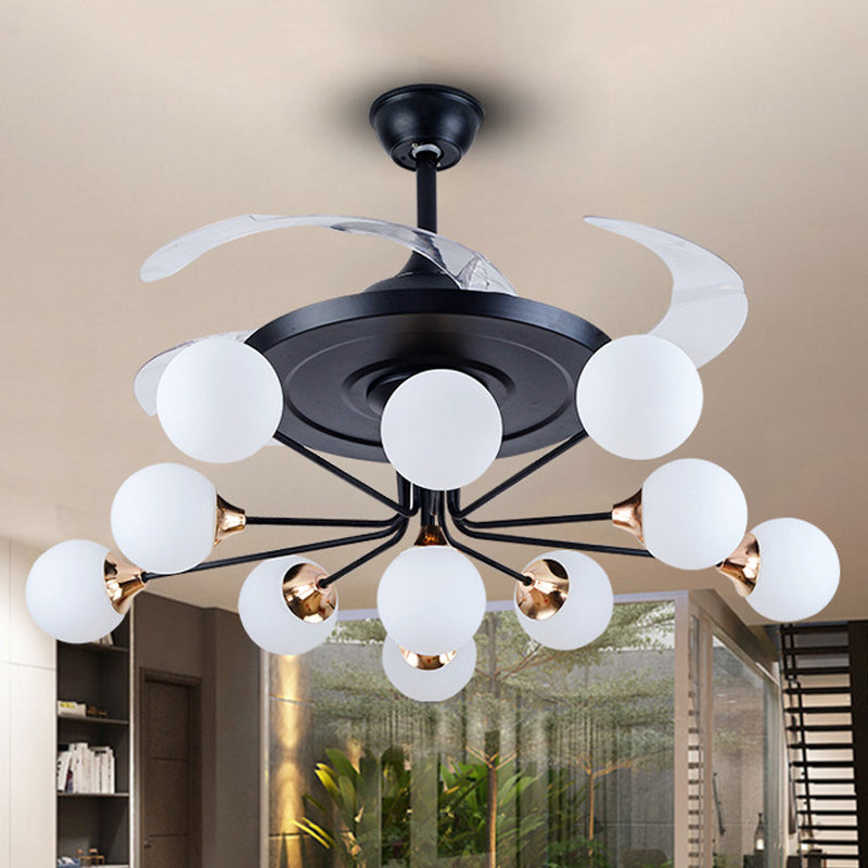 42" Wide Simple 11-Bulb Ceiling Fan Light Black Orb Semi Flush Lamp Fixture with Opal Glass Shade with 4 Blades Black Clearhalo 'Ceiling Fans with Lights' 'Ceiling Fans' 'Modern Ceiling Fans' 'Modern' Lighting' 1984484