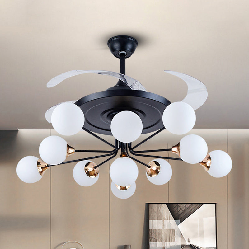 42" Wide Simple 11-Bulb Ceiling Fan Light Black Orb Semi Flush Lamp Fixture with Opal Glass Shade with 4 Blades Clearhalo 'Ceiling Fans with Lights' 'Ceiling Fans' 'Modern Ceiling Fans' 'Modern' Lighting' 1984485