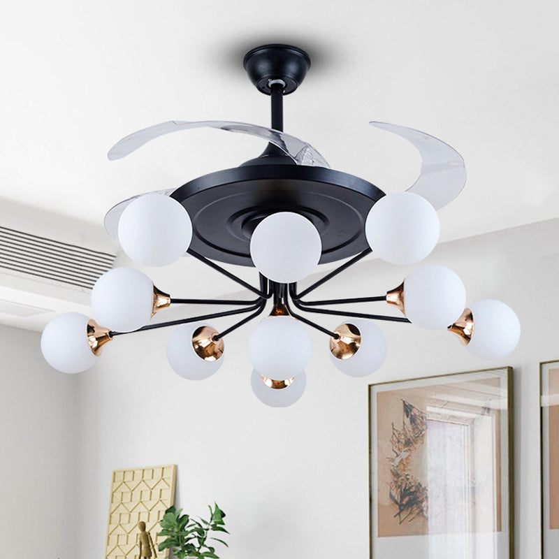 42" Wide Simple 11-Bulb Ceiling Fan Light Black Orb Semi Flush Lamp Fixture with Opal Glass Shade with 4 Blades Clearhalo 'Ceiling Fans with Lights' 'Ceiling Fans' 'Modern Ceiling Fans' 'Modern' Lighting' 1984486